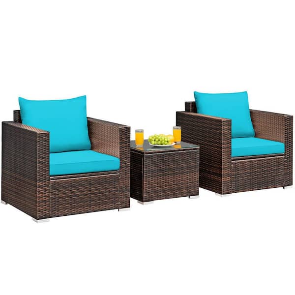 Alpulon 3-Piece Wicker Patio Conversation Set Sofa with Turquoise Cushions