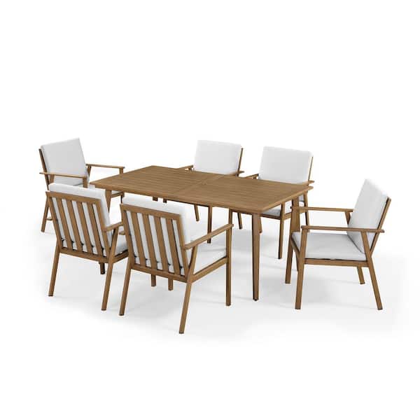 Alulux Wood-Like 7-Piece Aluminum Outdoor Dining Set with Large Table and White Cushions