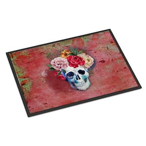 24 in. x 36 in. Indoor/Outdoor Day of The Dead Red Flowers Skull Door Mat