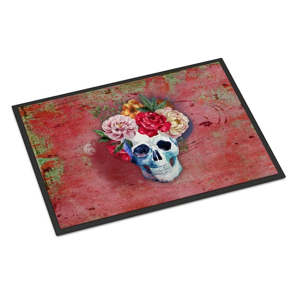 Caroline's Treasures 24 in. x 36 in. Indoor/Outdoor Day of The Dead Red Flowers Skull Door Mat