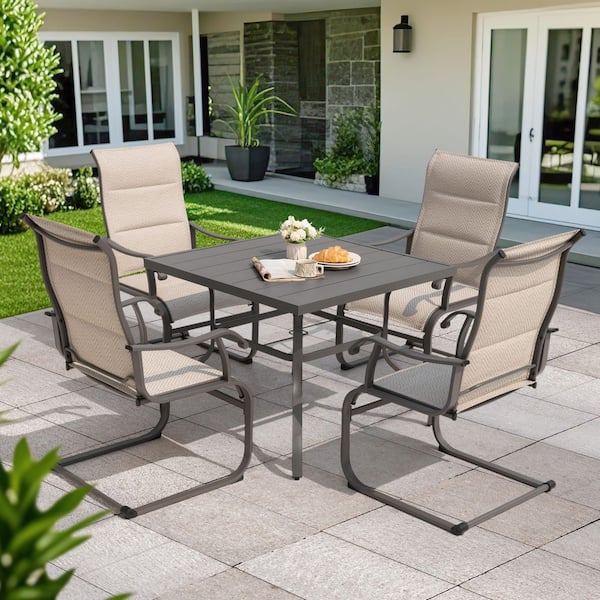 Gray 5-Piece Iron and Textilene Square Outdoor Dining Set with Umbrella Hole, 4 Weather-Resistant Chairs and 1 Table