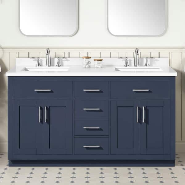 Bailey 60 in. Double Sink Freestanding Midnight Blue Bath Vanity with White Quartz Top and Power Bar