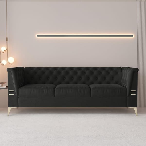 Seafuloy 82in.W Square Arm Velvet Tufting Straight 3-Seat Sofa with Metal Legs in Dark Gray(Brown)
