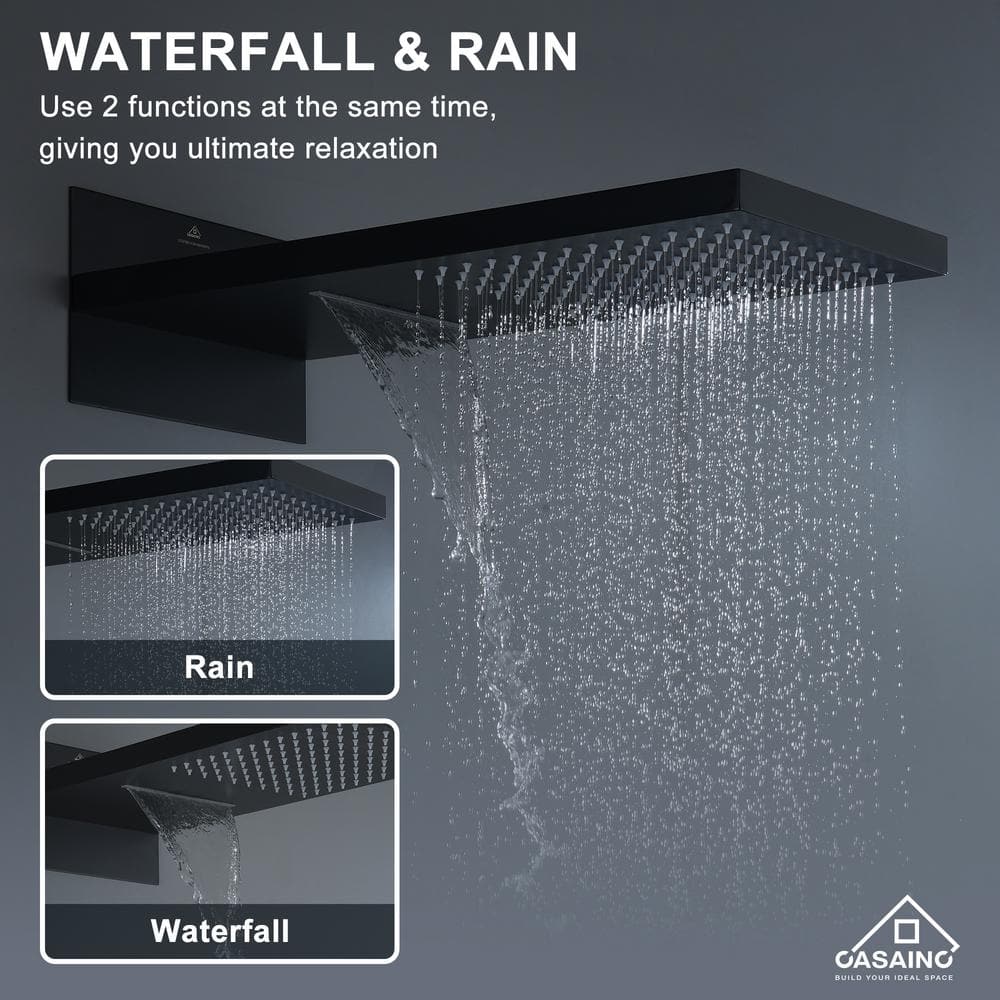 Matte Black Wall Mounted Rainfall Shower System with Body Jets