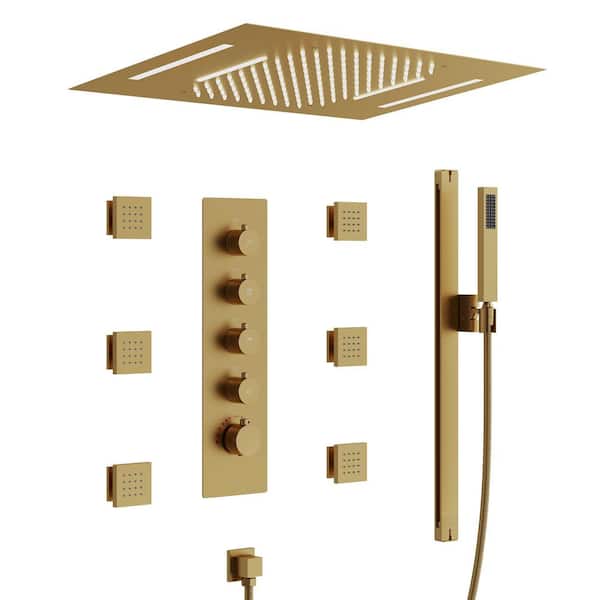 15-Spray 23 in. L x 15 in. W LED Flush Ceiling Mount Waterfall Fixed and Handheld Shower Head in Brushed Gold