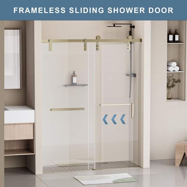 60 in. W x 76 in. H Soft Closing Single Sliding Frameless Shower Door in Gold Finish with 5/16 in. Tempered Clear Glass