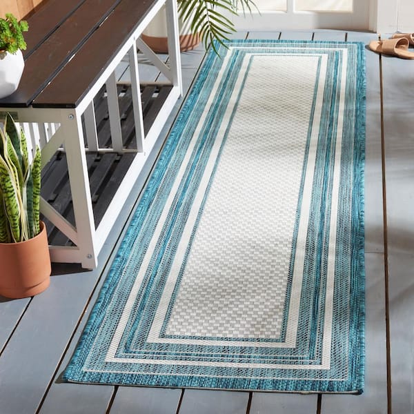 Courtyard Ivory/Teal 2 ft. x 10 ft. Solid Color Striped Indoor/Outdoor Runner Rug