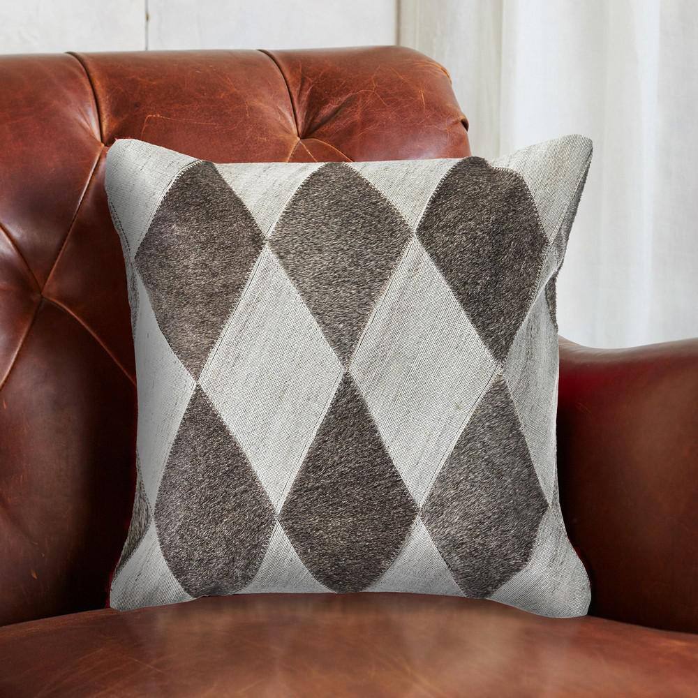 Silver and Brown Geometric Faux Leather Throw Pillow, 20 in