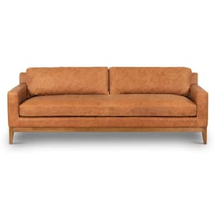 Zyon 90 in. Square Arm Leather Straight Sofa in Brown Cognac Tan