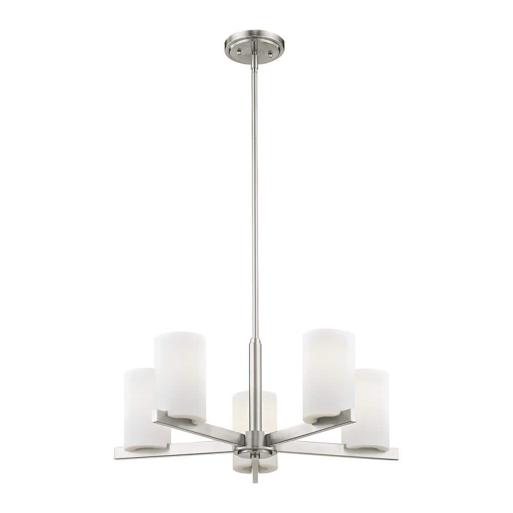 Astoria Minimalist 5-Light Chandelier in Brushed Nickel with Satin Opal Shades