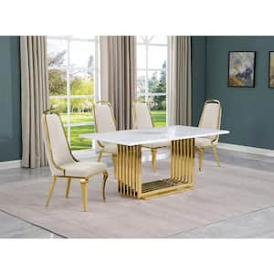 Lisa 5-Piece Rectangular White Marble Top Gold Chrome Base Dining Set with Cream Velvet Chairs Seats 4.