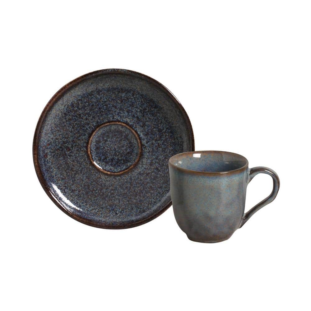 PORTO BRASIL 4.06 oz. Titanium Dark Blue Stoneware Organic Coffee Cup and Bio Saucer (Set of 6