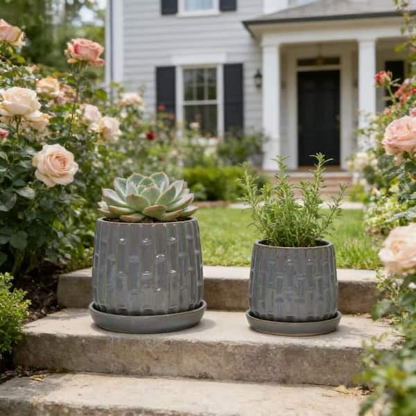 Set of 2 7.09 in. Antique Grey Ceramic Flowerpot with Frost and Heat Resistant for Indoor and Outdoor Use