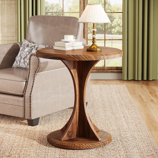 Kerlin 19.68 in. Brown Round Wood End Table with Cross Design Pedestal