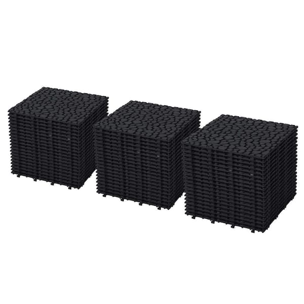 Sudzendf 12 x 12 in. Black Plastic Waterproof Outdoor Interlocking Deck Tiles, Pebble Stone Pattern Pack of 60