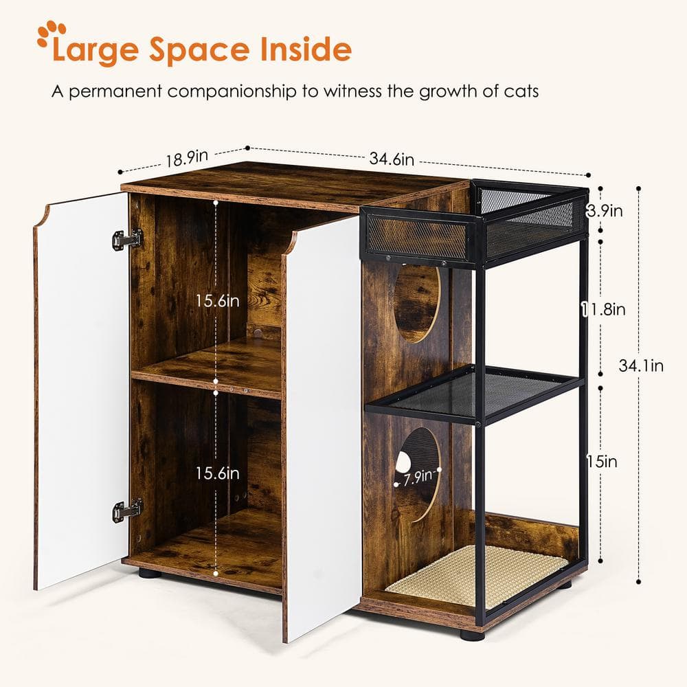 Rustic Brown and White Dual Cat Litter Box Enclosure Cabinet