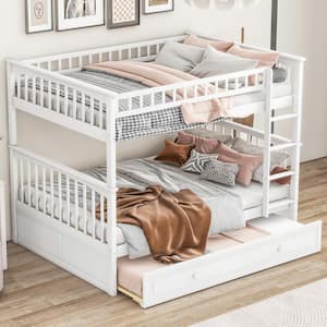 Detachable Style White Full Over Full Wood Bunk Bed with Twin Size Trundle, Convertible Beds