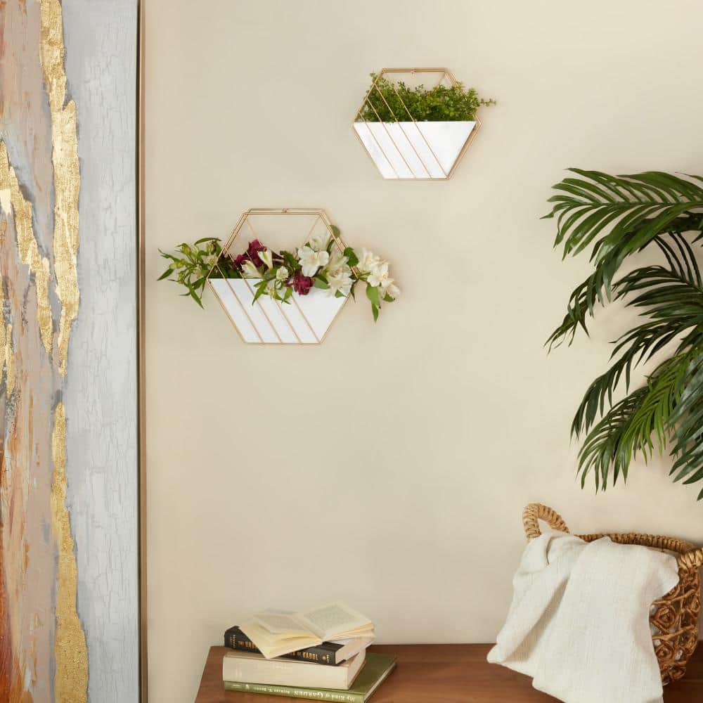 Chic Brassy Gold & White Iron Wall Planter, Medium 12" Rectangle