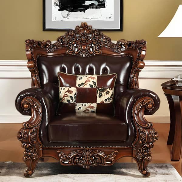 HomeRoots Espresso Wingback Chair Set of 1 with Nail head Trim and Removable and Tufted Cushions