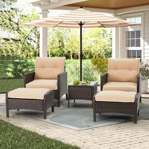 Brown 5-Piece Wicker Patio Conversation Set with Ottoman and Beige Cushions