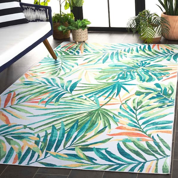 Malibu Ivory/Green 8 ft. x 10 ft. Machine Washable Botanical Ferns Area Rug