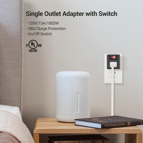 Grounded Single Port Power Adapter with On/Off Switch, 3 Prong Electrical Plug Outlet Switch, 280J, Black (3-Pack)