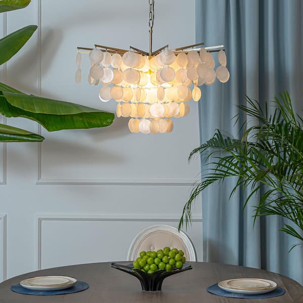 6-Light 29.5 in. Cone Shape 5-Tiers Coastal Capiz Shells Chandelier With Antique Gold Metal