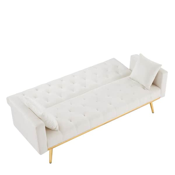 Gray 73.2 in. Upholstered Sleeper Sofa Velvet Futon Sofa Bed, 3-Seater Button Tufted with 2-Pillows Gold Metal Legs