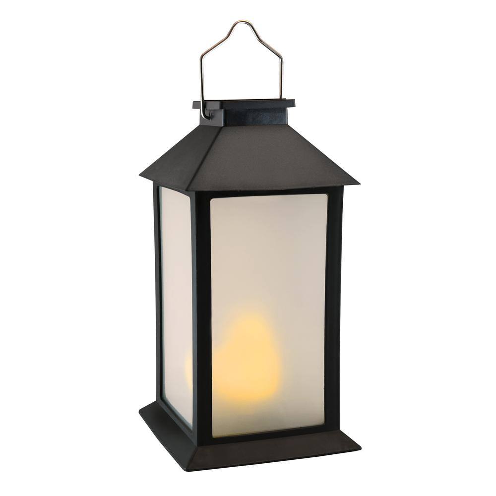 LUMABASE Solar Powered Flame Effect Black Lantern with LED Candle | The Home Depot