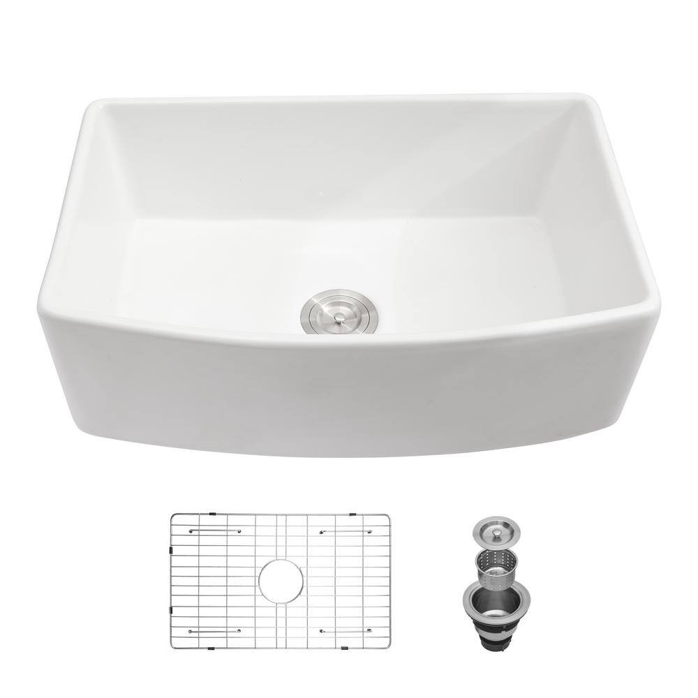 33 in. Farmhouse/Apron-Front Single Bowl White Ceramic Kitchen with Bottom Grids and Strainer Basket price history on PriceWatchPro