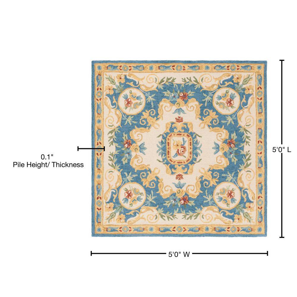 Handmade Medallion Tufted Wool Square Rug - Blue, 5' x 5'
