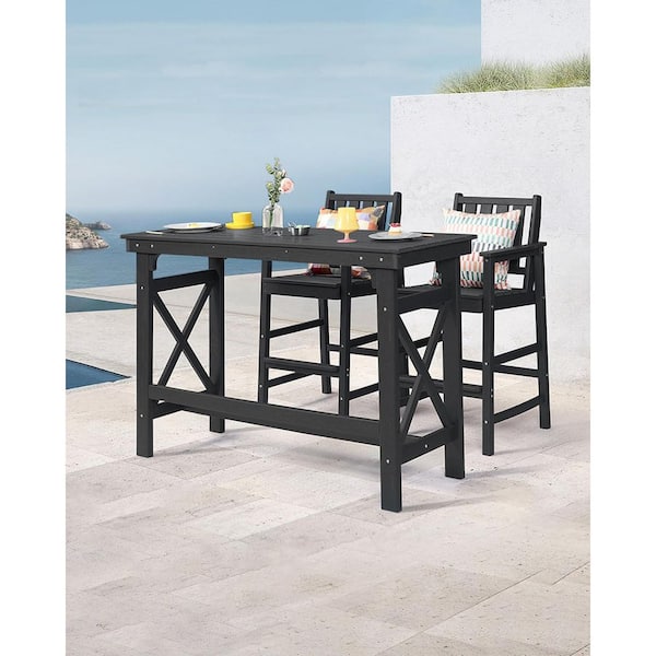 Black 3-Piece Adirondack Chairs and Table Set Outdoor Serving Bar Set Plastic Patio Bar Set with 2 Chairs and 1 Table