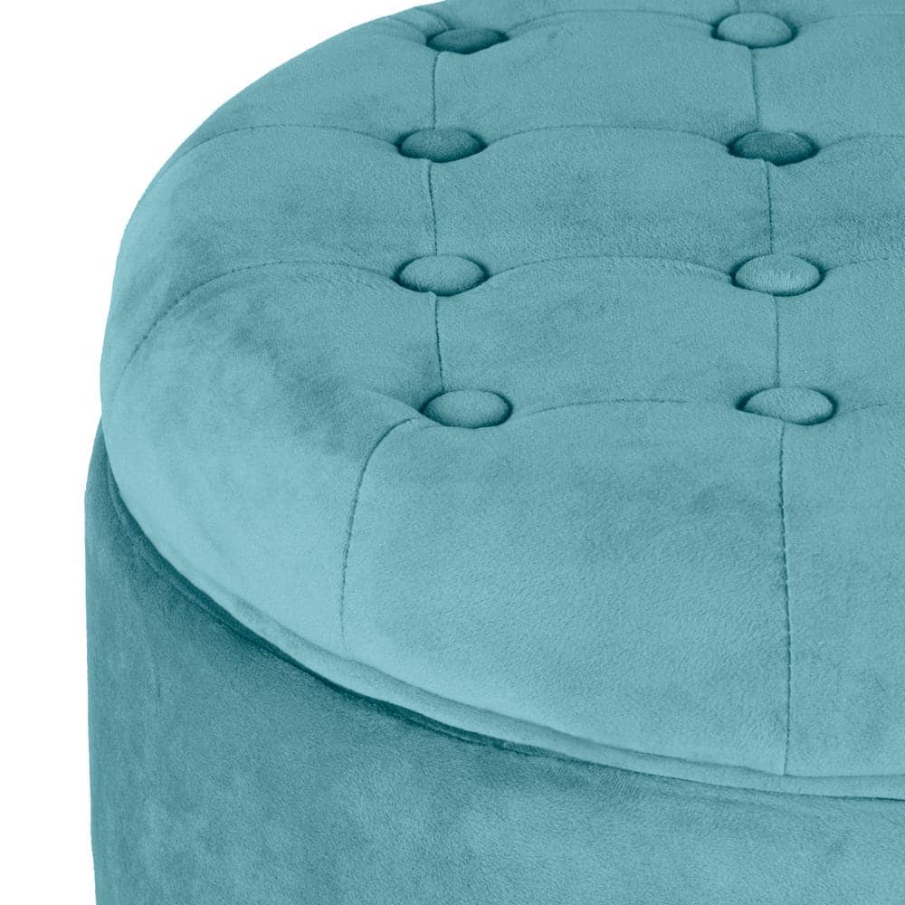 Teal Velvet Tufted Round Ottoman with Rustic Wood Legs
