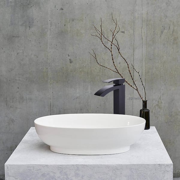 Single Handle Single Hole High Arc Bathroom Faucet with Deckplate Included in Matte Black