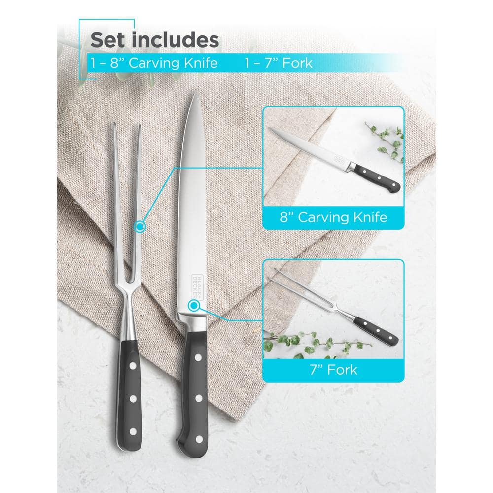 BLACK+DECKER BLACK+DECKER 2-Piece Stainless Steel Carving Knife Set, 8” Carving Knife & 7” Fork, Kitchen Knife