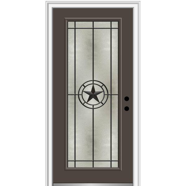 MMI Door Elegant Star 34 in. x 80 in. Left-Hand/Inswing Full Lite Decorative Glass Brown Painted Fiberglass Prehung Front Door