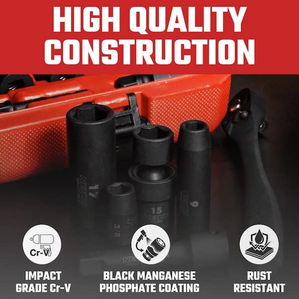 NEIKO 3/8 in. Drive SAE and Metric 6-Point Deep Impact Socket Set