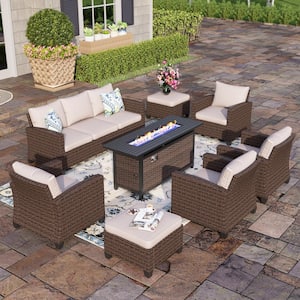 Brown 8-Piece Rattan Wicker Steel Outdoor Patio Conversation Set with Beige Cushions, Rectangle Fire Pit Table, Ottomans