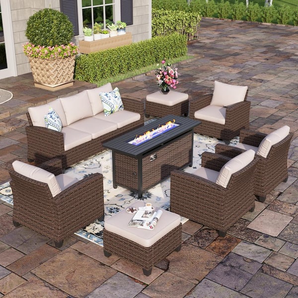 PHI VILLA Brown 8-Piece Rattan Steel Outdoor Patio Conversation Set with Beige Cushions and Rectangular Fire Pit Table