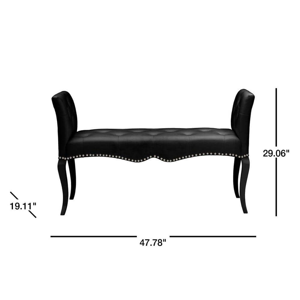 Kristy Black Faux Leather Classic Seating Bench with Nailhead Trim