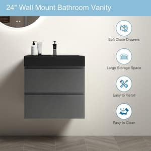 NOBLE 24 in. W x 18 in. D x 25 in. H Single Sink Floating Bath Vanity in Gray with Black Solid Surface Top (No Faucet)
