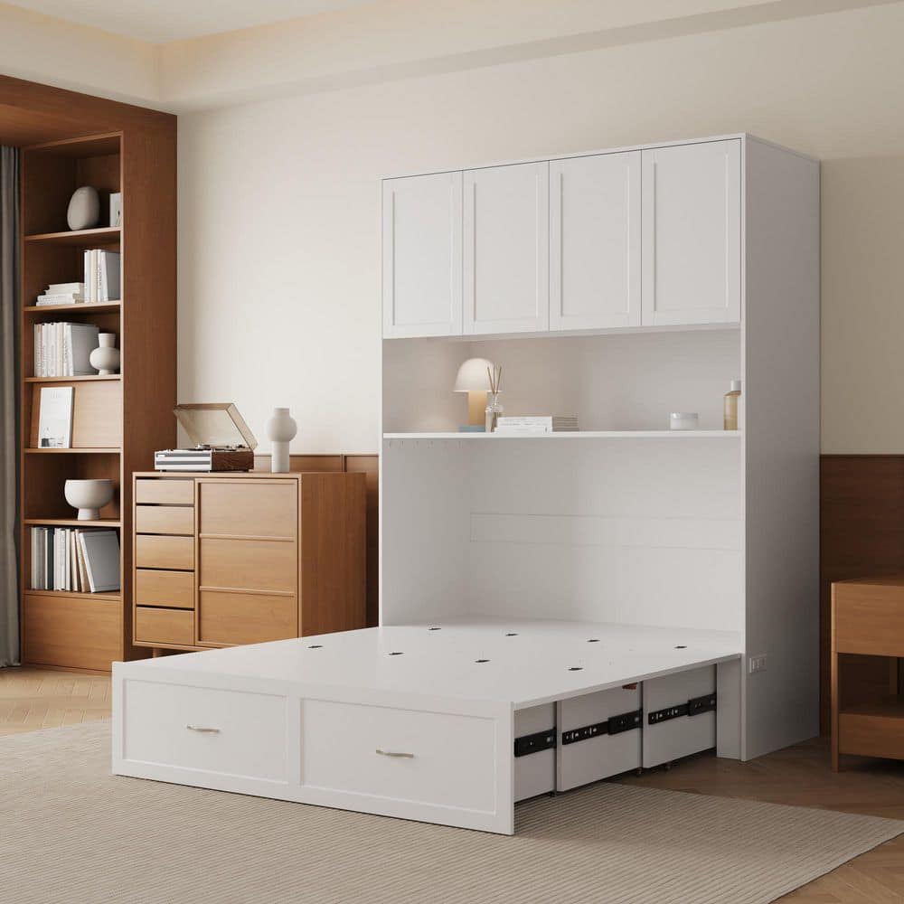 White Wood Frame Full Size Murphy Bed, Panel Bed with 3-Large Storage Shelves, Bed and Bookcase 2 in 1