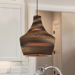 100-Watt 1-Light Natural Brown Pendant Light with Nordic Style Corrugated Paper Shade for Dining Table, No Bulb Included