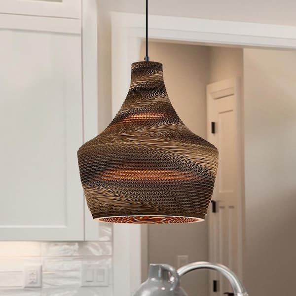 Edvivi 100-Watt 1-Light Natural Brown Pendant Light with Nordic Style Corrugated Paper Shade for Dining Table, No Bulb Included
