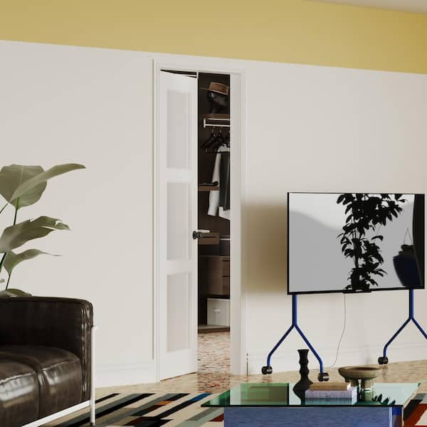 30 in. x 80 in. MDF Wood, Primed, White, 3-Lite, Frosted Glass Interior Door Slab With Black Goal Doorknob