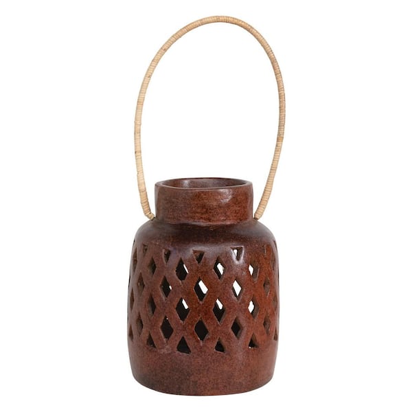 Terra Cota Handmade Lantern with Cut-Outs and Rattan Wrapped Handle, Reactive Glaze