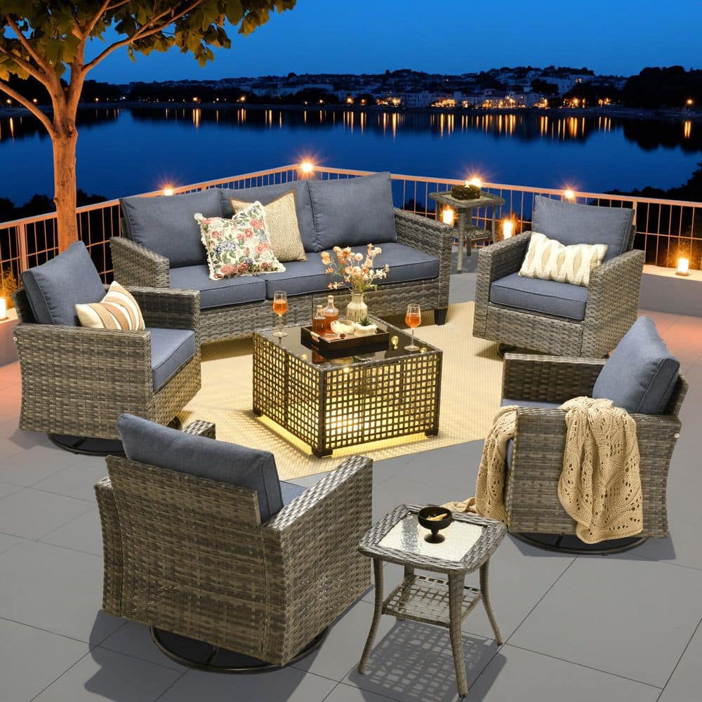 Scarlet 8-Piece Wicker Outdoor Patio Conversation Sofa Set with a Solar-Lit Table, Swivel Chairs and Denim Blue Cushions price history on PriceWatchPro