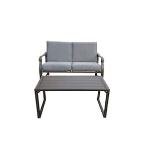 Brown Metal Outdoor Loveseat and Table with Gray Cushion