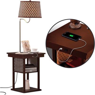Walnut Office Bedroom LED Column Modern Floor Lamp with USB Port & Power Outlet Display Storage Wood Standing Light with White Linen Texture Shade for Living Room Outon Floor Lamp with Shelves 