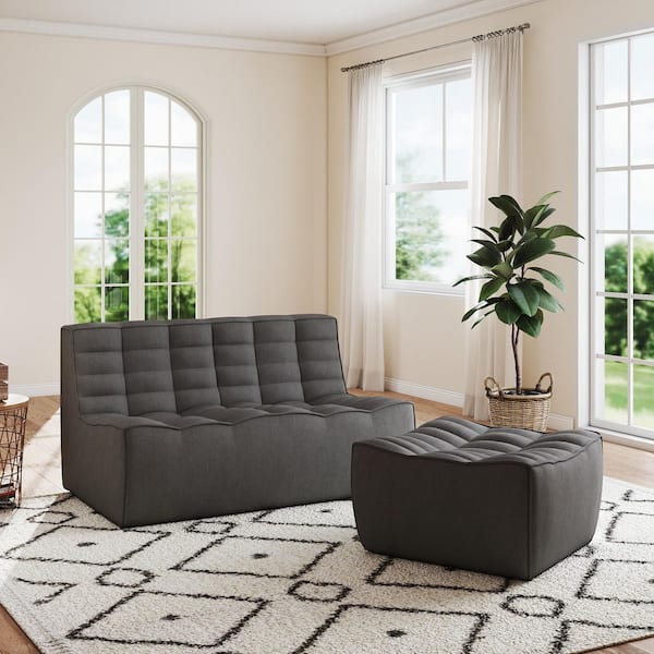55 in. Black Modular Fireside Lazy Floor Sofa Couch Linen 2-Seater Loveseat Sectional Sofa with Ottoman for Apartment